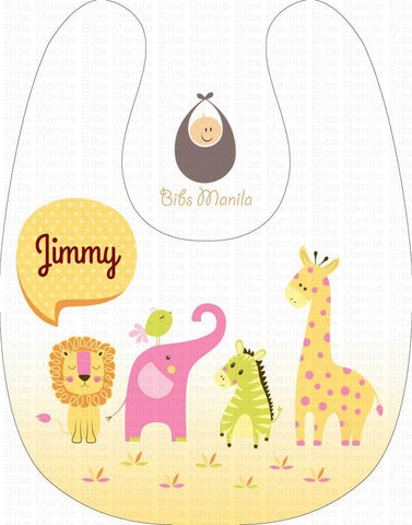 Yellow personalized baby bib with animals