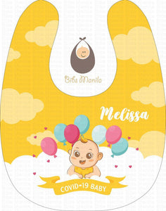 Covid19 Baby with Balloons Yellow Personalized Baby Bib