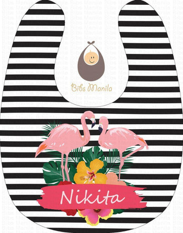 Two Flamigos with Black and White Stripes Personalized Baby Bib