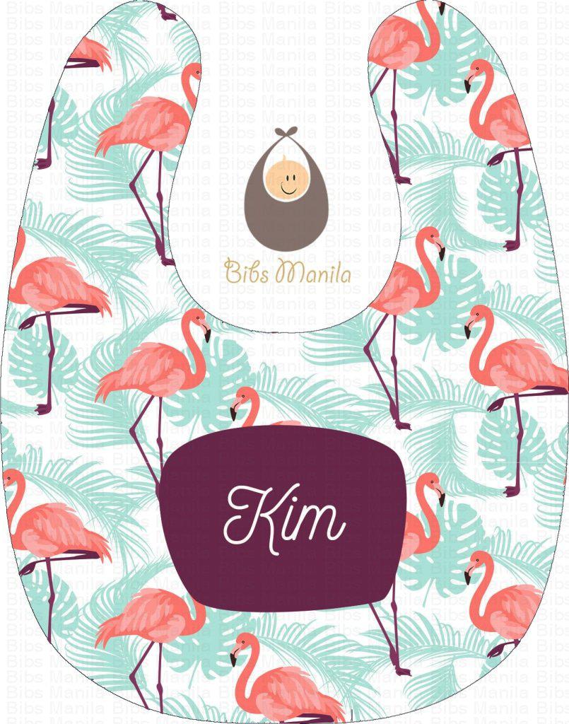 Flamingos with Blue Tropical Leaves Personalized Baby Bib