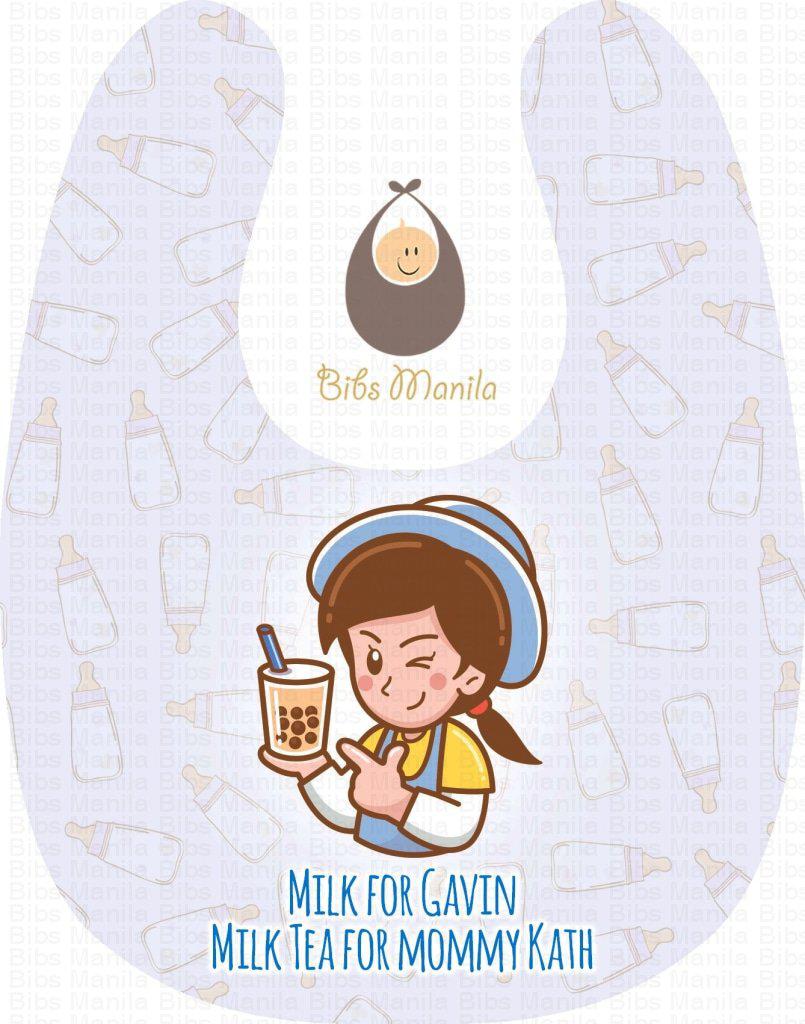 Milk for baby and milk tea for mommy light blue Personalized Baby Bib