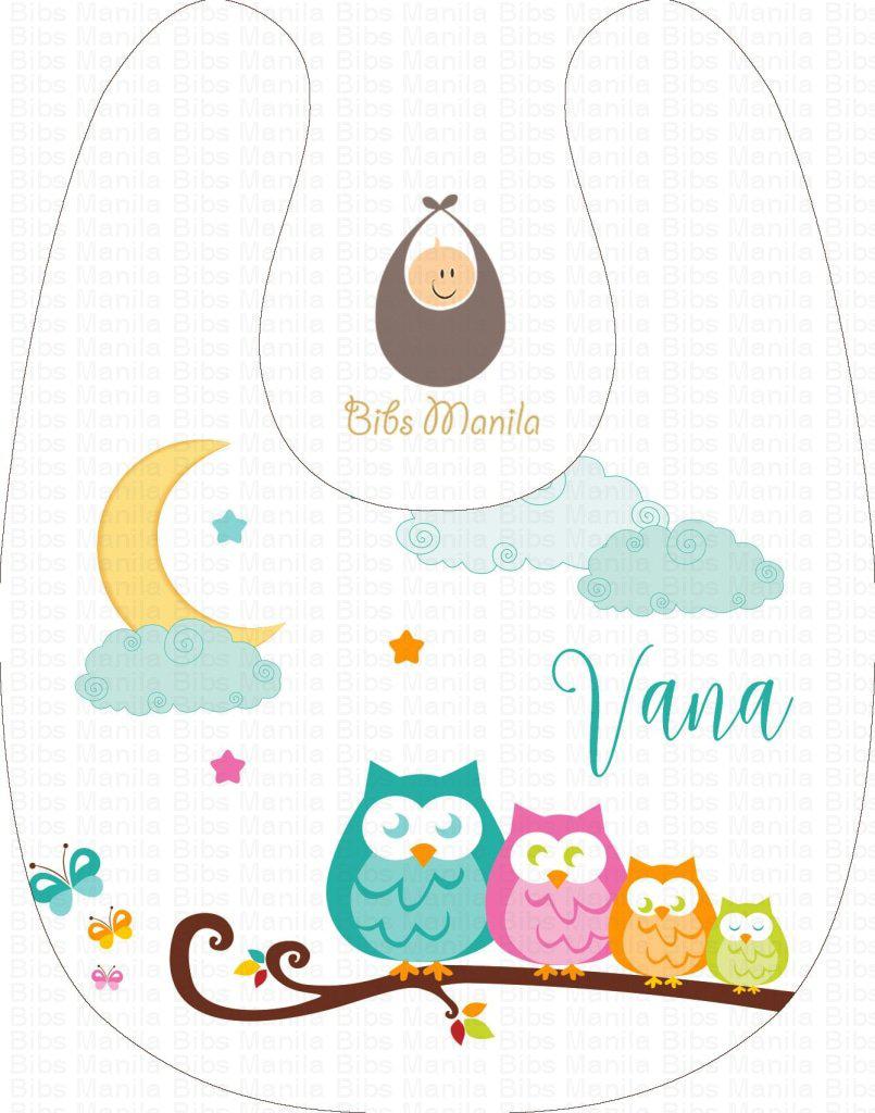 Owly Dream 4 owls on a twig with moon and stars Personalized Baby Bib