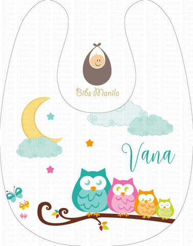 Owly Dream 4 owls on a twig with moon and stars Personalized Baby Bib