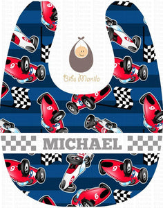 Ready to Race Dark Blue Background with Checkered Race Flag Personalized Baby Bib