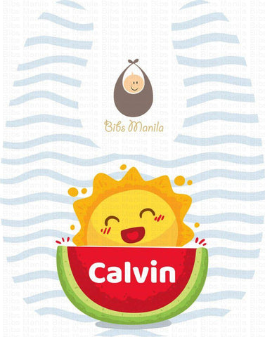 Summer Watermelon with smiling sun and skyblue stripes Personalized Baby Bib