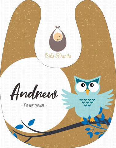 The Nocturnal Blue Owl on a Twig Personalized Baby Bib