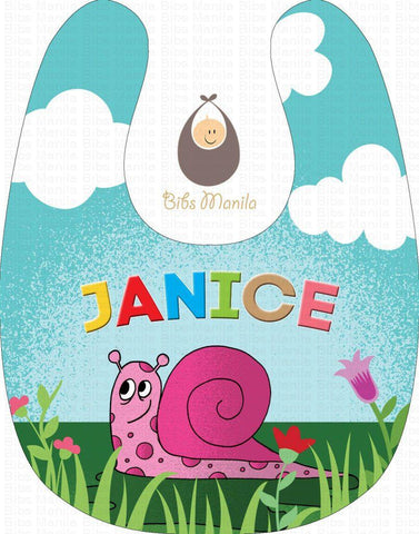 The Pink Snail on grass with clouds Personalized Baby Bib